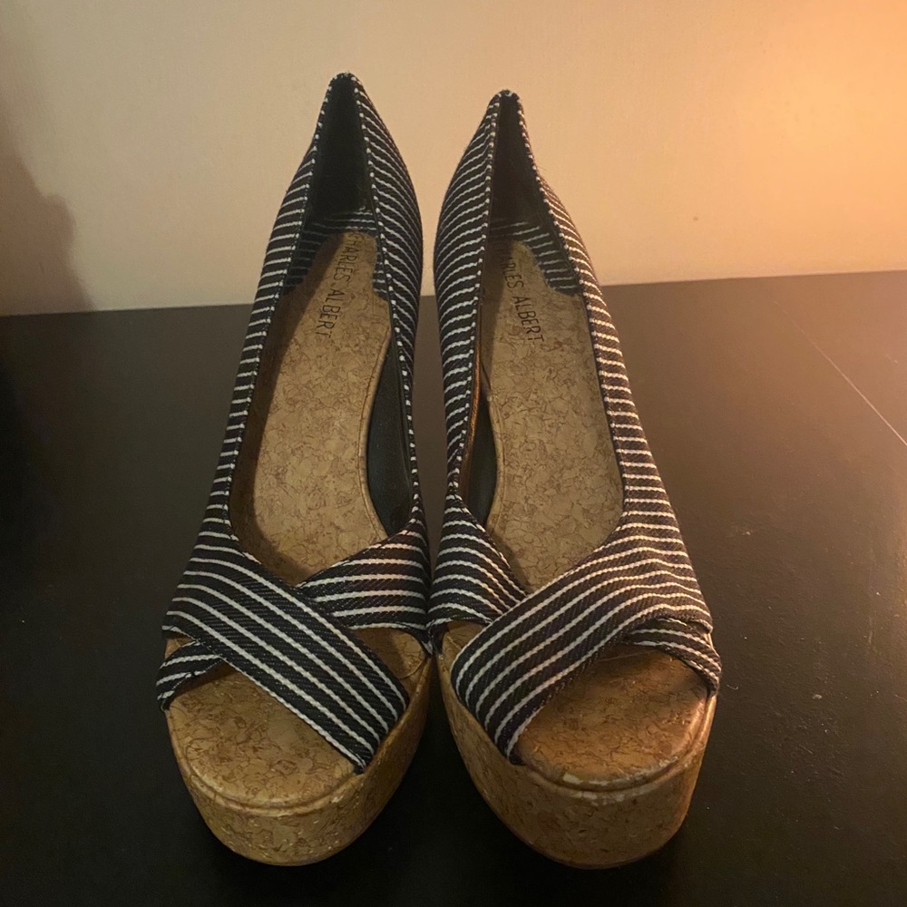 Black & white striped cork heels